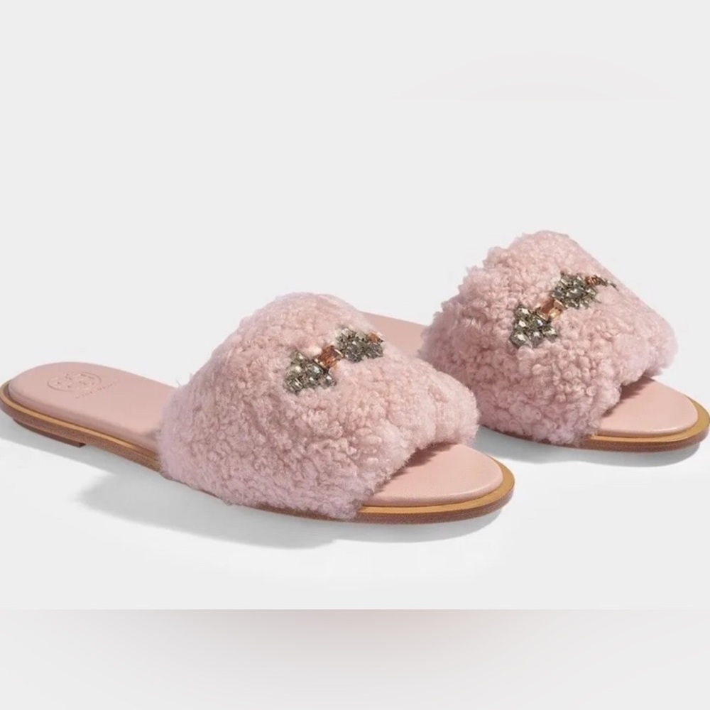 Tory Burch Aspen Shearling Crystal Embellished Slide Sandals Pink Size 5 New